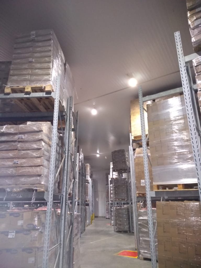 Câmara fria com prateleiras de produtos armazenados