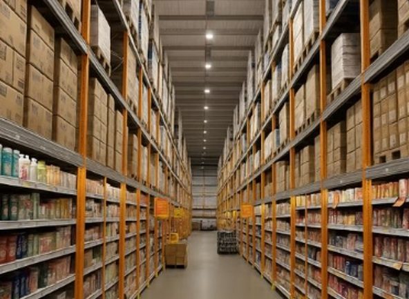 Centro logístico com prateleiras verticais e corredores iluminados