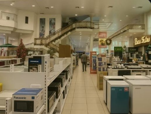 Fachada comercial com iluminação de destaque noturno