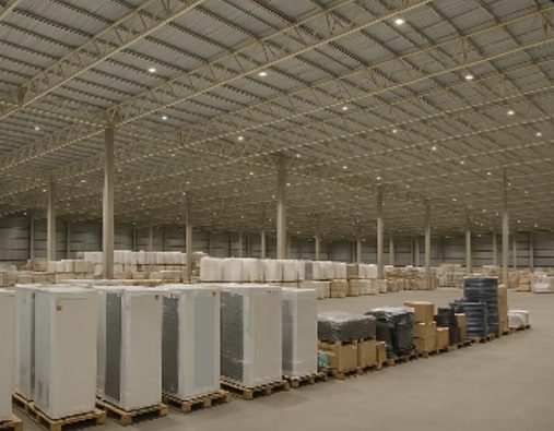 Centro de distribuição com pallets organizados e iluminação uniforme