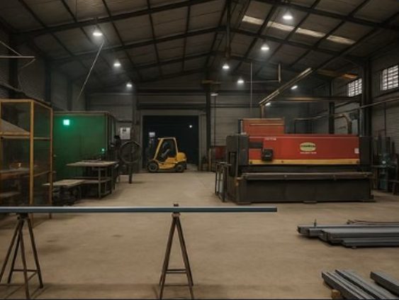 Indústria metalúrgica com máquinas e iluminação para operação segura